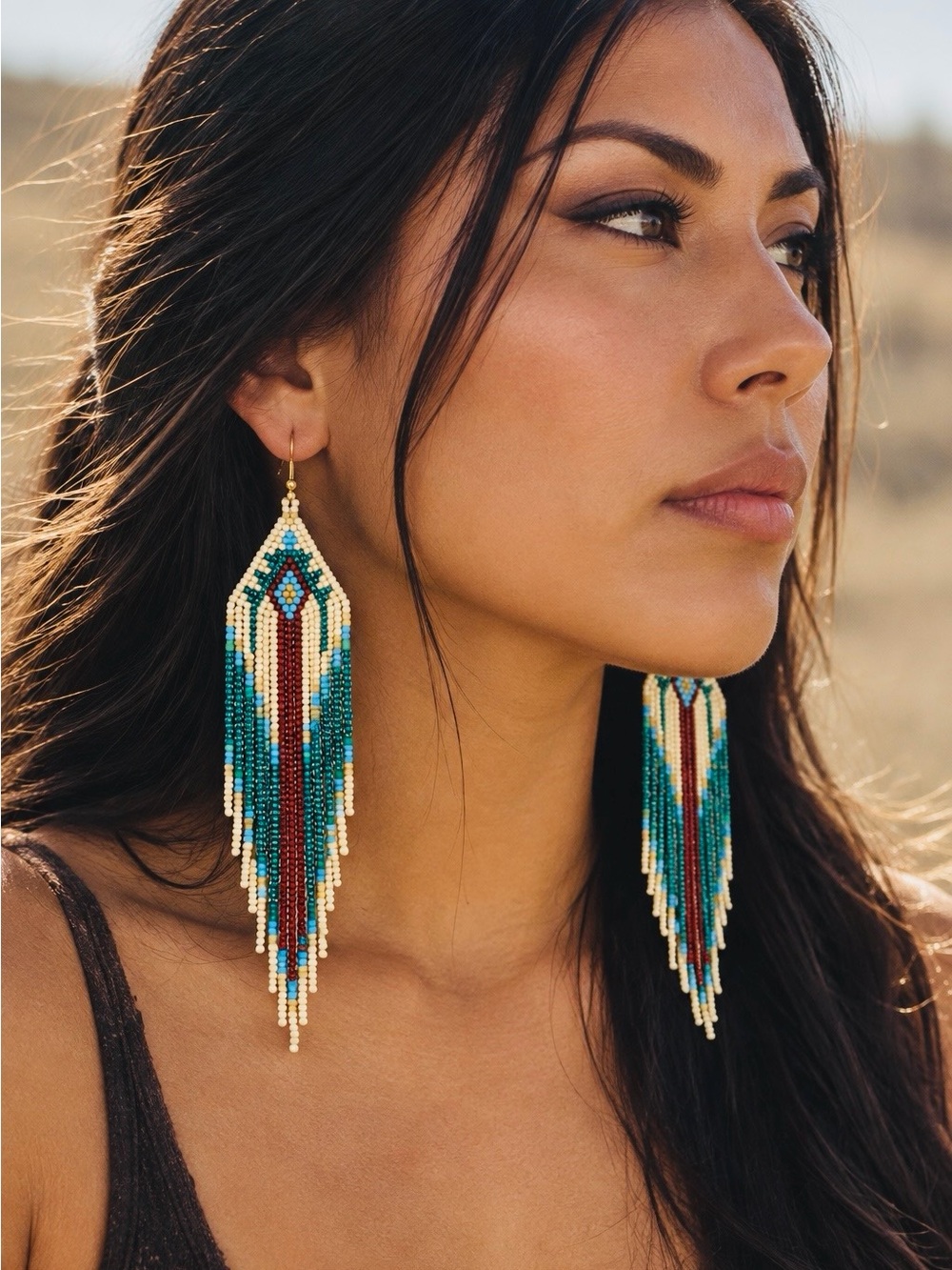 Boho Tribal Seed Beaded Fringe Drop Earrings in Cream, Green, Turquoise & Red